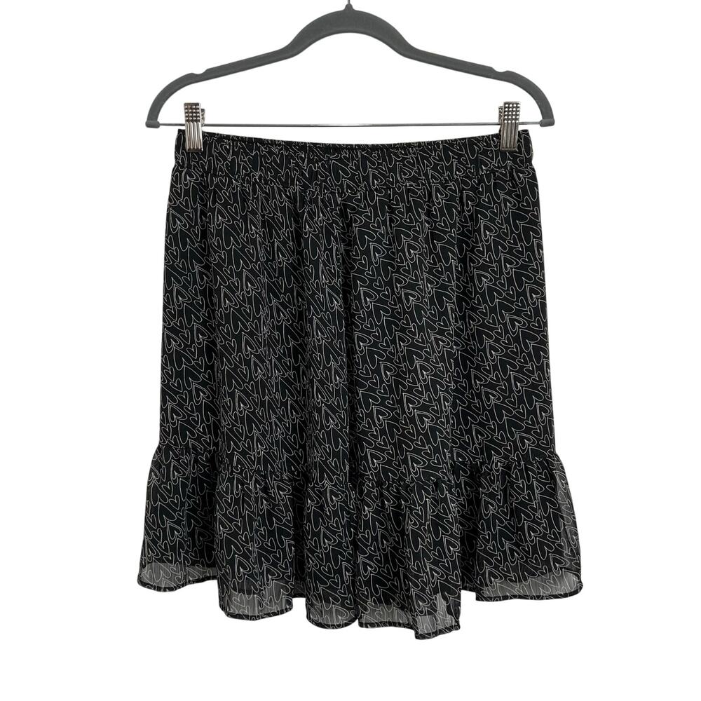 Loft Black White Heart Printed Ruffle Tiered Mini Skirt Women's Size Medium